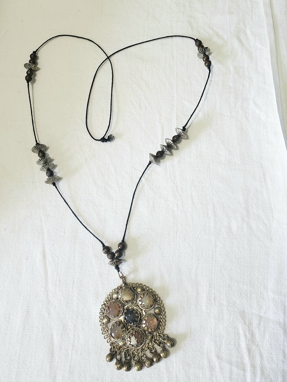 70's Vintage Indian Tribal Statement Pendant Necklace - Agate & Mixed Metals - Picture 4 of 14